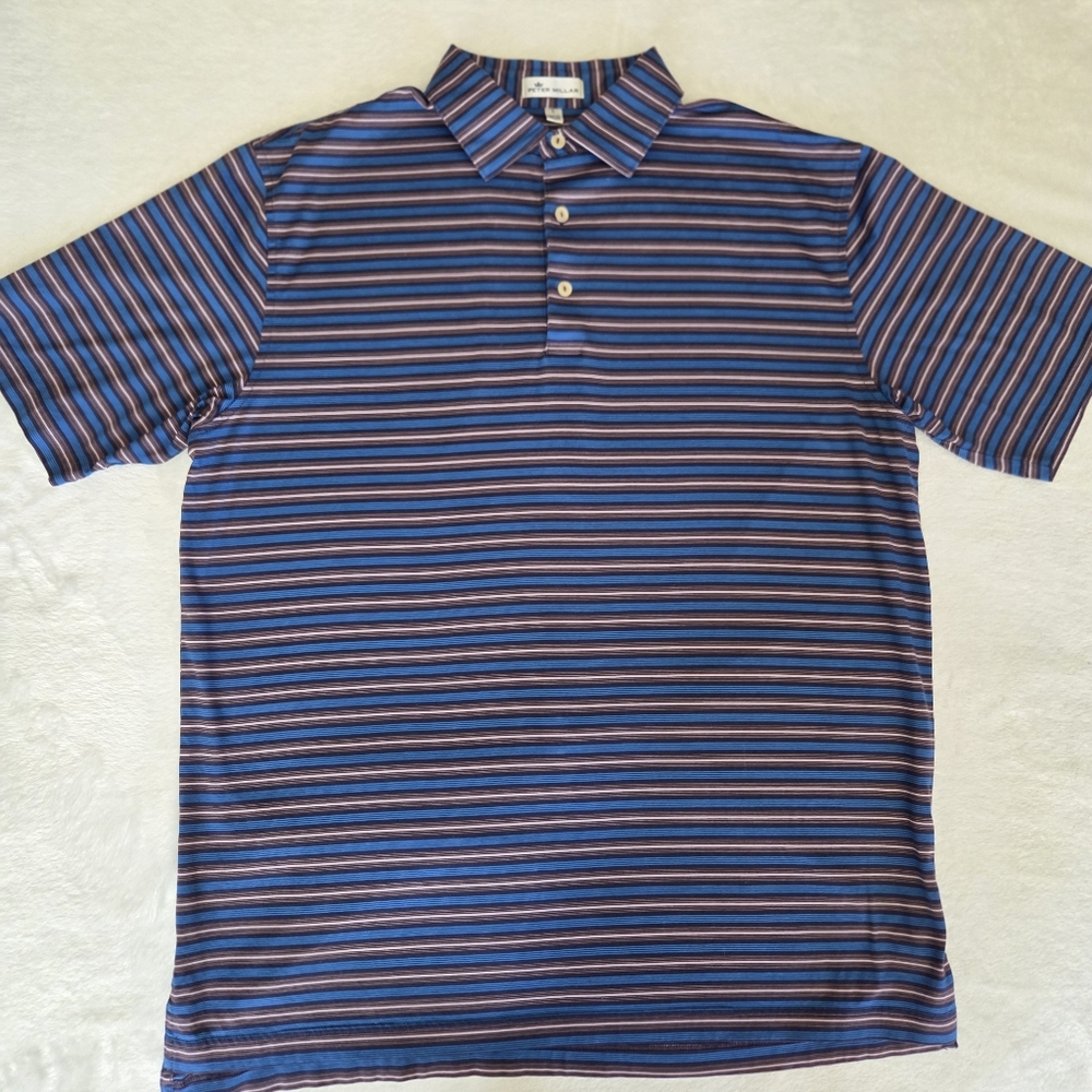 Peter Millar Blue Striped‎ Golf Polo Mens Sz Large Lightweight